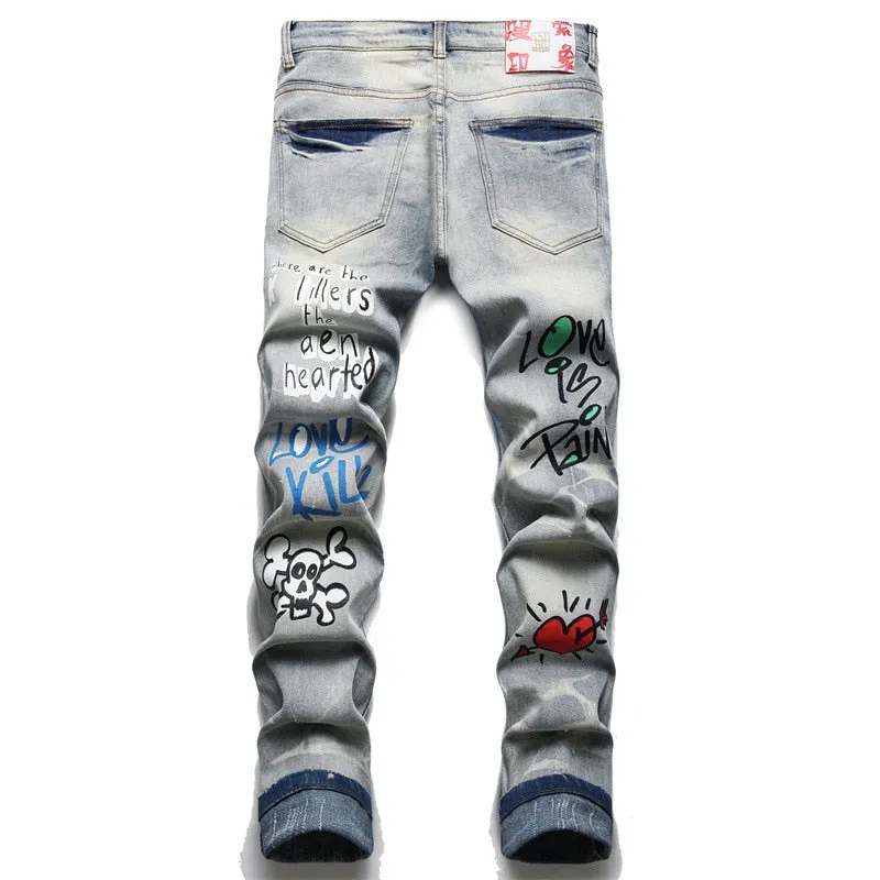 Vintage Men's Letters Skull Print Holes Ripped Stretch Streetwear Jeans