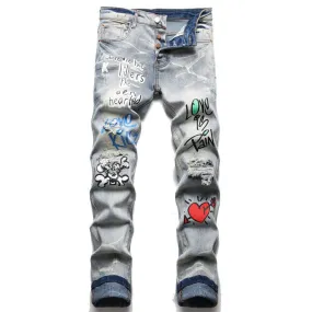 Vintage Men's Letters Skull Print Holes Ripped Stretch Streetwear Jeans