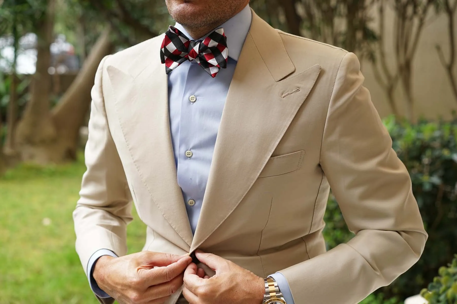 White Black Maroon Checkered Bow Tie Untied