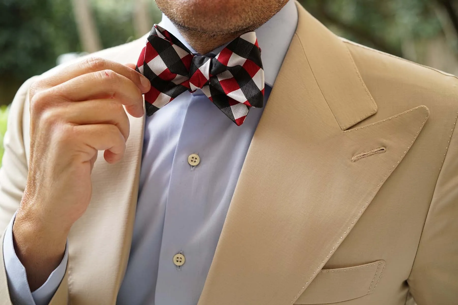 White Black Maroon Checkered Bow Tie Untied