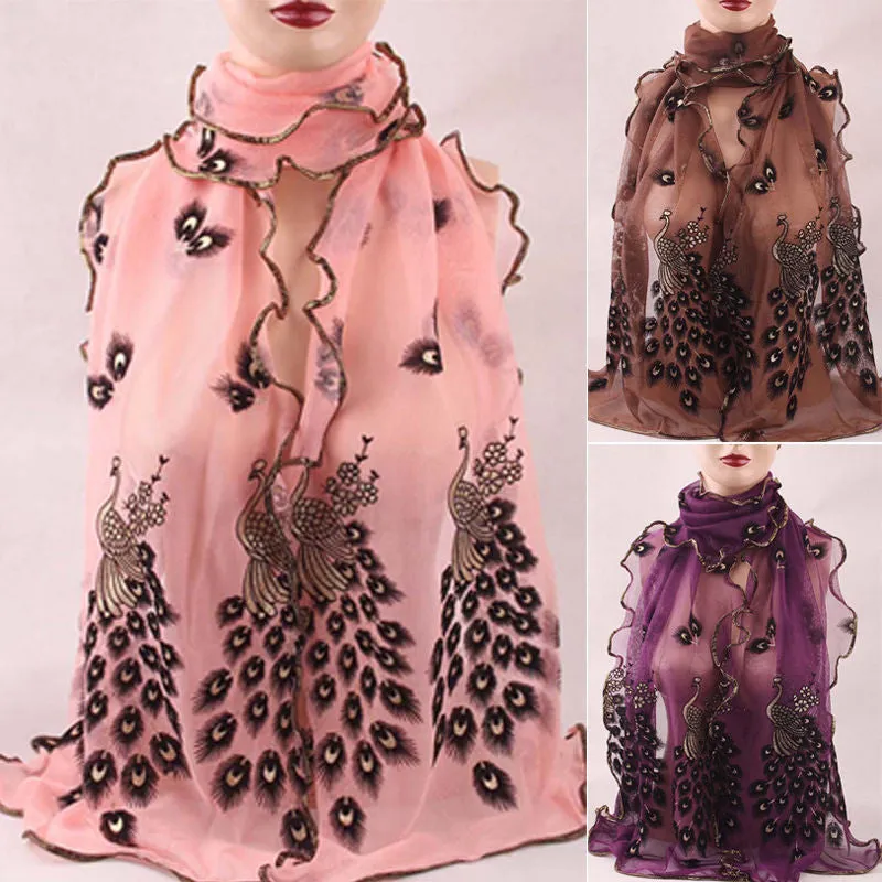 Women Lady's 7 Colors Silk Scarves Chiffon Transparent Long Soft Wrap Shawl Stole Peacock Scarf 190*40CM SM6