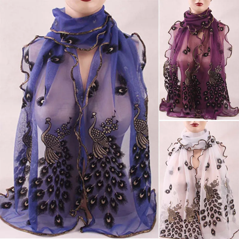 Women Lady's 7 Colors Silk Scarves Chiffon Transparent Long Soft Wrap Shawl Stole Peacock Scarf 190*40CM SM6