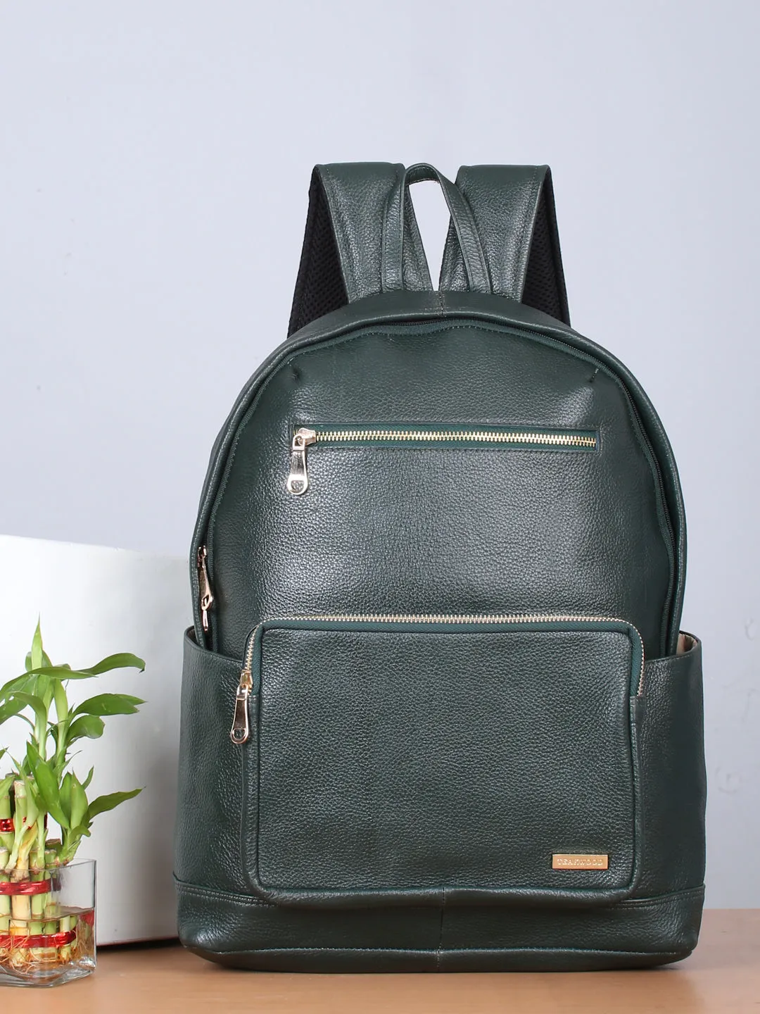 Women's GREEN textured Leather backpack