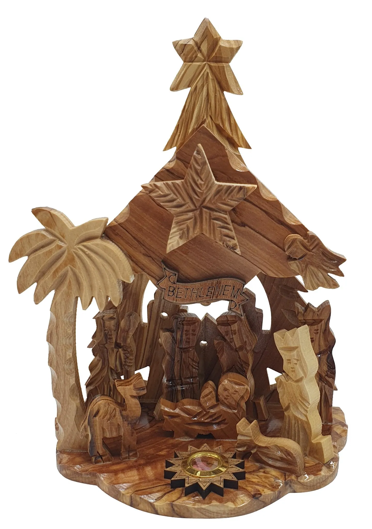 Zuluf Hand-Carved Nativity Set Scene with Bark Roof - Made In Bethlehem 8.4  REWRITE this tittle and make it sew optimized and a