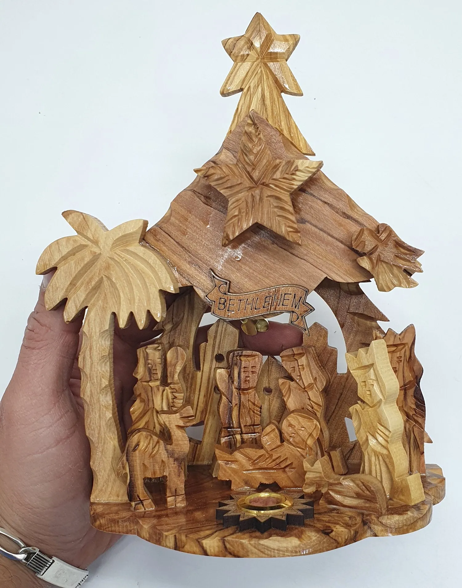 Zuluf Hand-Carved Nativity Set Scene with Bark Roof - Made In Bethlehem 8.4  REWRITE this tittle and make it sew optimized and a